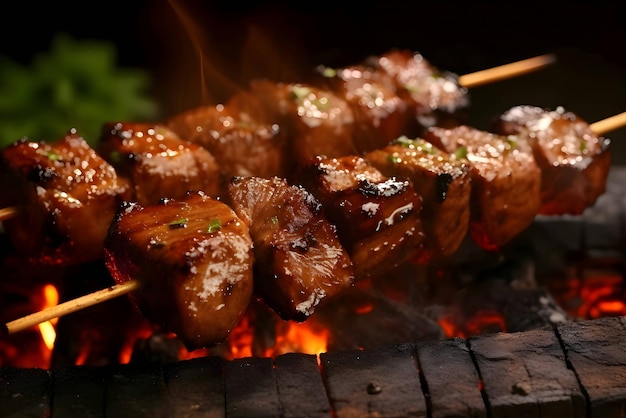 Vektor schaschlik auf dem grill, gegrilltes fleisch mit gemüse, schaschlikspieß auf spießen, hölzernes küchenbrett