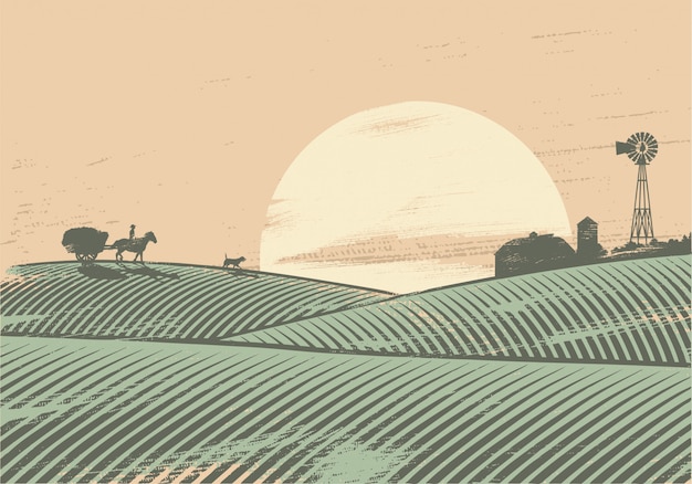Schattenbild des Bauern im Feld bei Sonnenuntergang
