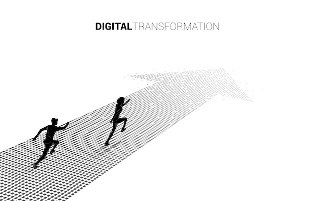 Schattenbild des Geschäftsmannes, der auf dem Pfeil vom Pixel läuft. Konzept der digitalen Transformation des Geschäfts.