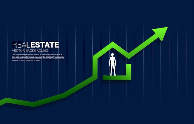 Schattenbild des geschäftsmannes, der in der grünen hauptikone mit wachsendem diagramm steht. konzept der erfolgsinvestition und des wachstums im immobiliengeschäft