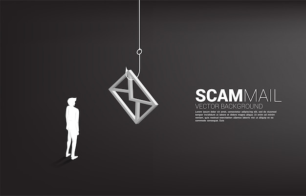 Schattenbild des Geschäftsmannes, der mit Angelhaken mit E-Mail-Symbol steht. Konzept von Betrugspost und Phishing.