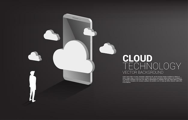 Schattenbild des geschäftsmannes mit 3d-wolke und handy. konzept der cloud-computing-technologie, server, speicher und daten