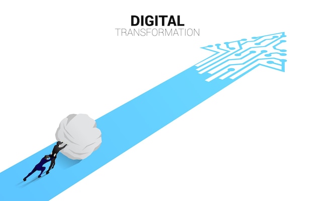 Schattenbild des geschäftsmannes schieben den felsen auf den weg mit punktverbindungsleitungsschaltungskonzept der digitalen transformation des geschäfts