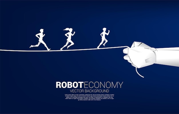 Schattenbild des geschäftsmannes und der geschäftsfrau, die am seil in der roboterhand laufen. konzept der business-herausforderung und roboterökonomie.