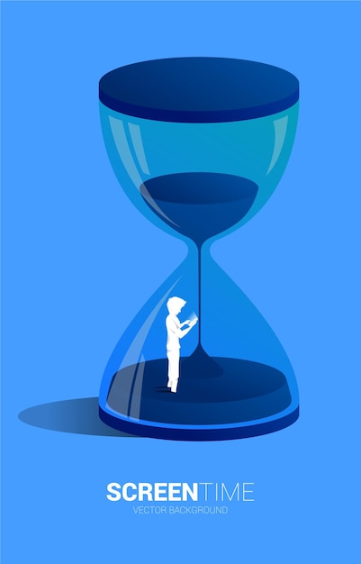 Schattenbild des Geschäftsmanngebrauchhandys, das mit Sanduhr steht Konzept für Handysüchtigen und Bildschirm