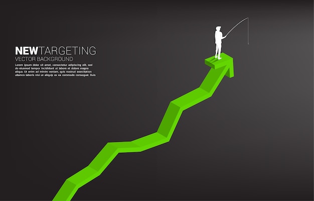 Schattenbild des geschäftsmanns, der oben auf grafik fischt konzept des zielens und des köders im geschäft