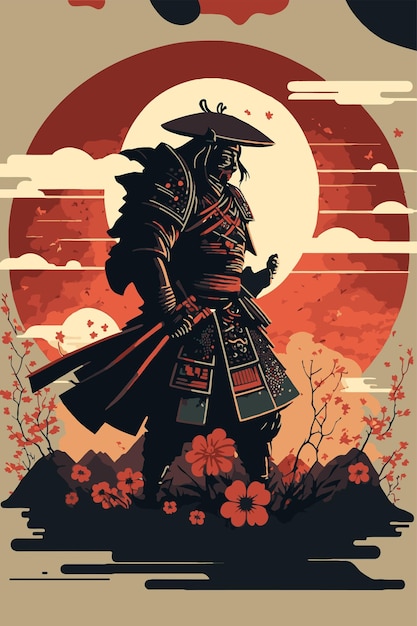 Schattenbild des japanischen Samurai-Kriegers mit der Klinge, die auf Sonnenuntergangkunstdruck steht