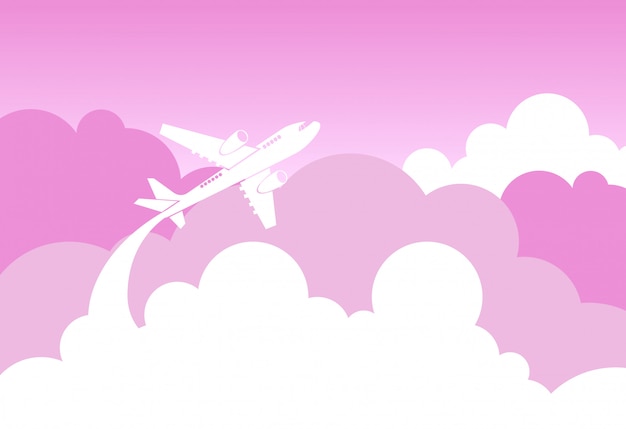 Vektor schattenbild-flugzeug-fliege über rosa wolken und himmel-liebe