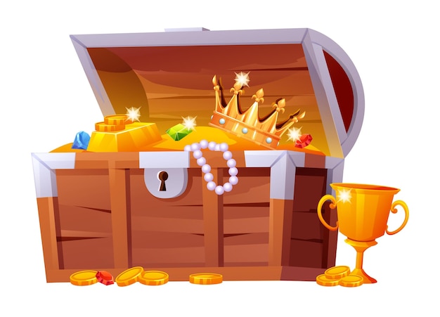Schatztruhe mit Goldmünzen, Halskette, Krone und Edelsteinen, Cartoon-Illustration