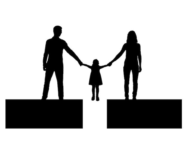 Scheidung in der Familie Silhouette Vector Mama und Papa halten die Hände seines Kindes, das über dem Abgrund steht
