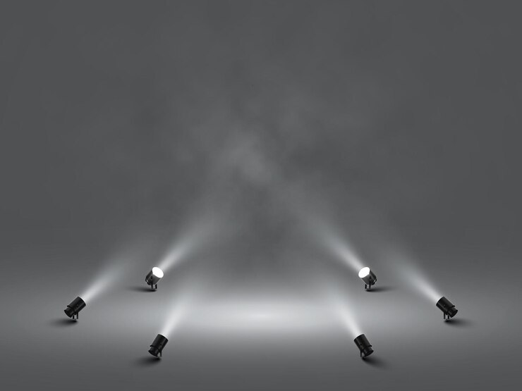 Scheinwerfer mit strahlend weißem Licht. Beleuchteter Projektor. Illustration des Projektors für Studio.