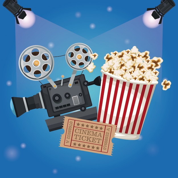 Scheinwerfer mit Ticket Film und Popcorn Eimer und Filmprojektor