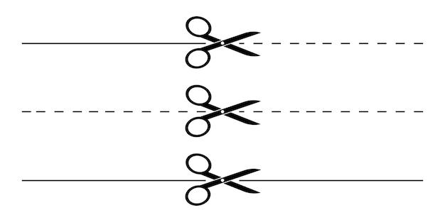 Vektor schere schneidet linien im papierschnittstil. vektorsymbole festgelegt.