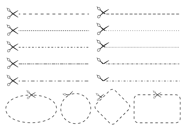 Vektor scherenschnittlinie gutschein oder gutscheinausschnitt gestrichelte linien mit scherensymbol und rahmen zum schneiden von vektorsätzen