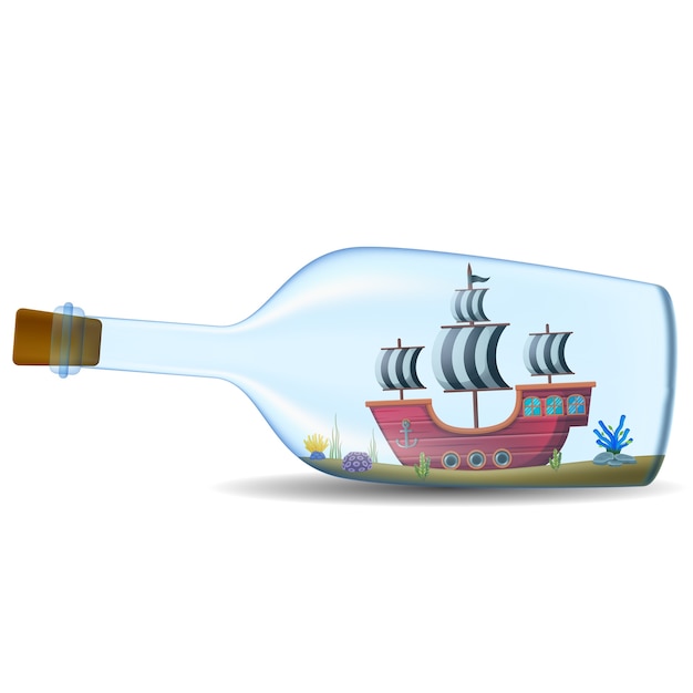 Schiff in der Flasche auf weißem Hintergrund