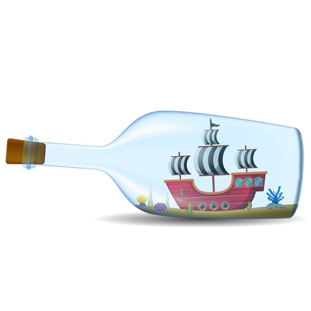 Vektor schiff in der flasche auf weißem hintergrund