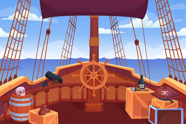 Vektor schiffdeck piraten segelschiffe bordansicht kapitänbrücke eingang von holz segelboot mit lenkrad holzfässer kisten cartoon-abenteuer-spiel geniale vektor-illustration