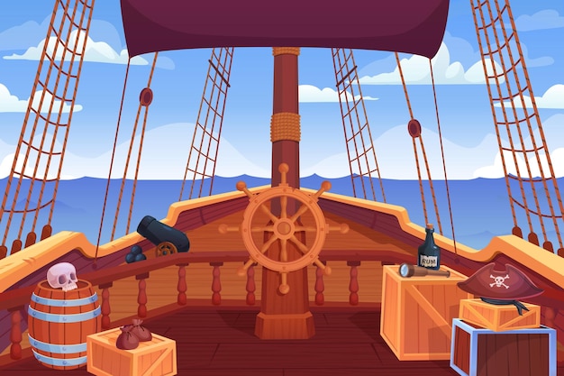 Schiffdeck Piraten Segelschiffe Bordansicht Kapitänbrücke Eingang von Holz Segelboot mit Lenkrad Holzfässer Kisten Cartoon-Abenteuer-Spiel geniale Vektor-Illustration