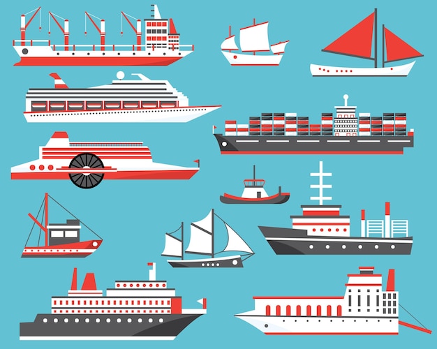 Schiffe eingestellt. passagierkreuzfahrtschiff, yacht, massengutfrachter und segelboot. vektor-illustration.