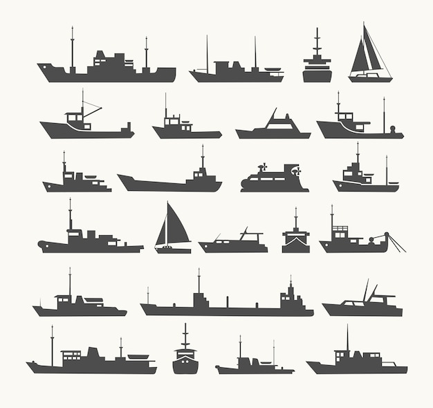 Schiffe eingestellt. Silhouetten verschiedener Schiffe und Yachten.
