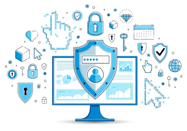 Vektor schild über computermonitor und symbolsatz, privates datensicherheitskonzept, antivirus oder firewall, finanzschutz, vektor-flat-thin-line-design, elemente können separat verwendet werden.