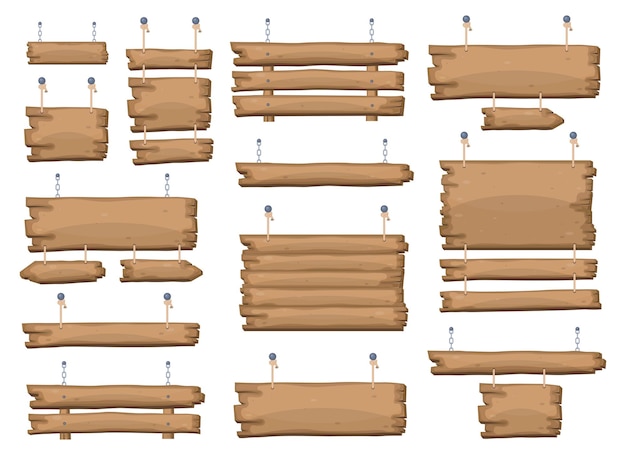 Schilder aus Holz, die an Kette und Seil hängen