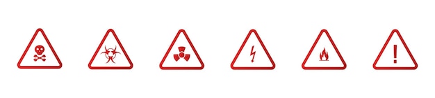 Schilder mit Ausrufezeichen setzen Symbol Warnung Seien Sie vorsichtig Straßenverkehr rund um den Tod Vorsichtspunkt Benachrichtigung nukleares dreieckiges Feuer warnen Symbol für Vektor-Set-Linie auf weißem Hintergrund
