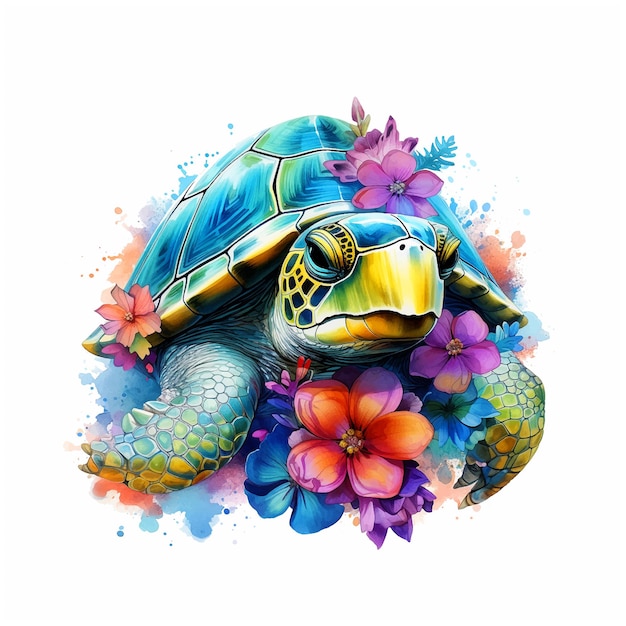 Schildkröte umgeben von blumen aquarellfarbe