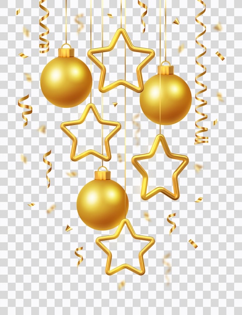 Schimmernde hängende goldene Sterne und Kugeln mit Konfetti