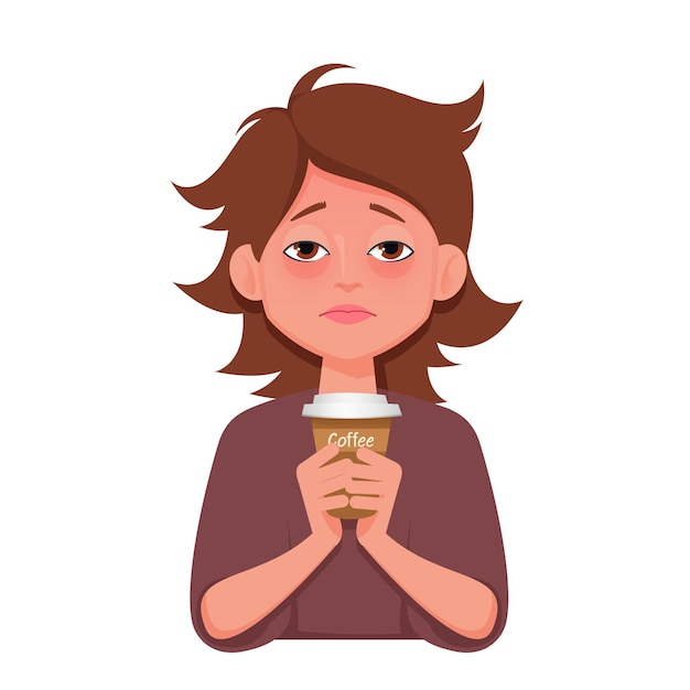 Schläfrige junge frau mit tasse kaffee. vektor-illustration isoliert auf weißem hintergrund