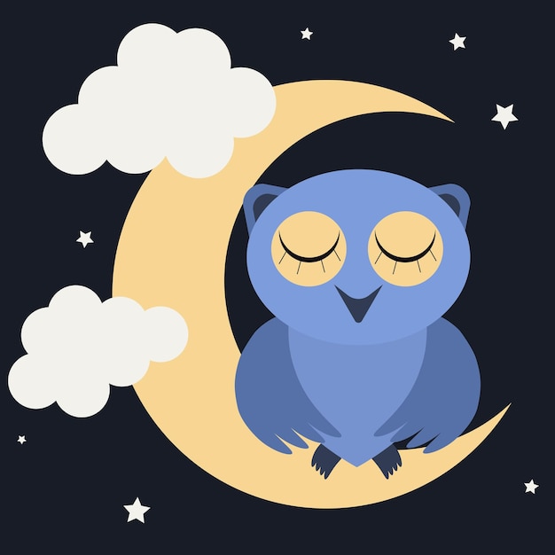 Schlafende Cartoon-Eule auf dem Mond