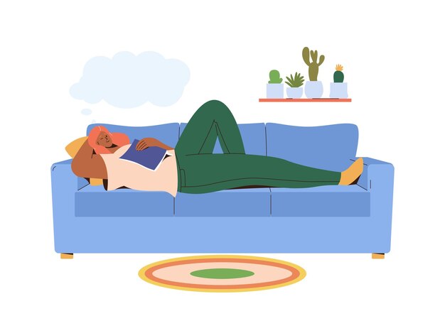 Schlafende Frau auf Sofa mit umgefallenem Buch genießt Wochenenderholungsvektorillustration