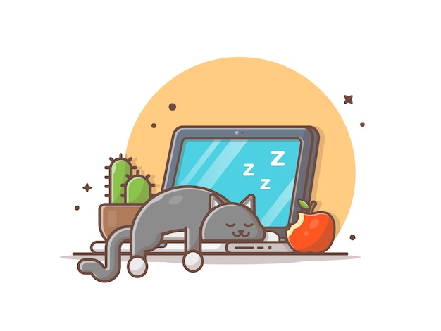 Vektor schlafende katze auf laptop mit kaktus- und apple-illustration