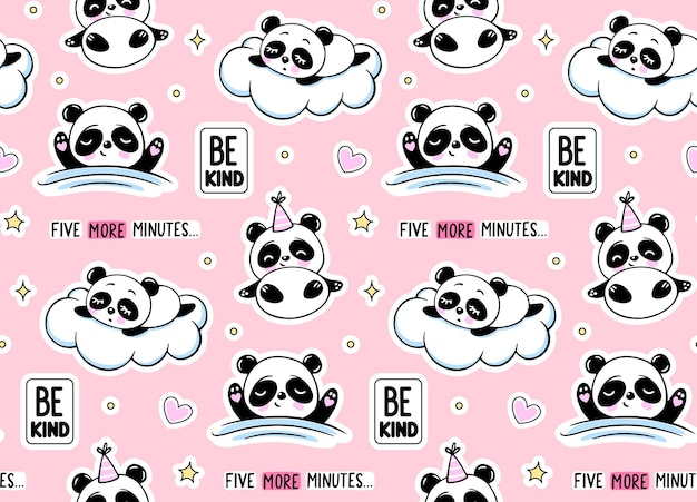 Schlafender Panda unter einer Decke und auf einer weißen Wolke Sterne Nahtloses Muster Cute Vector Baby Print