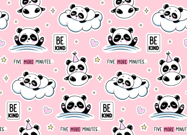 Vektor schlafender panda unter einer decke und auf einer weißen wolke sterne nahtloses muster cute vector baby print