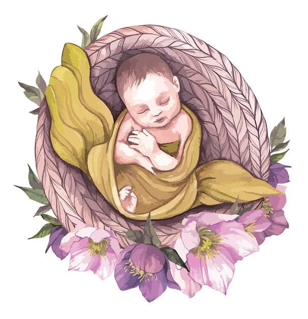 Vektor schlafendes neugeborenes in blumen. baby-dusche-boho-aquarell-cliparts