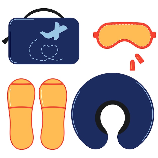 Schlafmaske, ohrstöpsel, einwegpantoffeln, reisehalskissen, taschenorganisator-vektor-icon-set isoliert auf weißem hintergrund. flaches design, orangefarbenes, blaues schlafzubehör unterstützt das schläfrige traveller-kit.