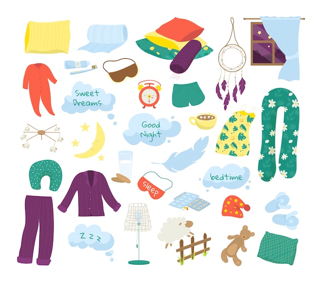 Schlafzeit, schlafenszeit, traumikonen auf weißen illustrationen. kissen, pyjamas, betttücher, bettwäsche, blasen mit guter nacht, träumende elemente und bettsymbole. schlafzeichen.