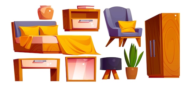 Schlafzimmer-Interieur-Set mit Bettspiegel-Schrank