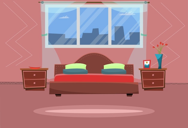 Vektor schlafzimmer mit sofa und großem fenster vektorillustration im modernen cartoon-design