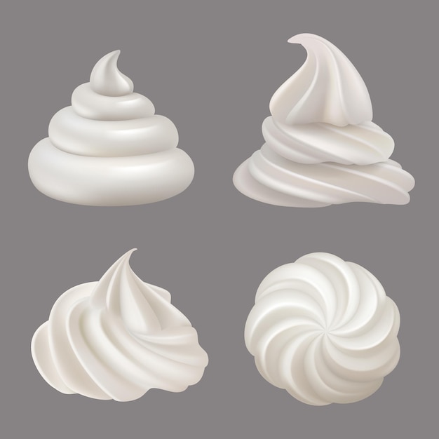 Schlagsahne. Köstliche flüssige Lebensmittelzutaten zum Kochen von Kuchencreme wirbeln anständige vektorrealistische Illustrationen. Illustration Sahnedessert, Twist köstlich geschlagen
