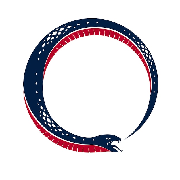 Schlange, die ihre eigene Geschichte isst, Uroboros-Schlange in Form eines Kreises, endloser Kreislauf von Leben und Tod, altes Symbol von Ouroboros, Vektorillustrationslogo, Emblem oder Tätowierung.