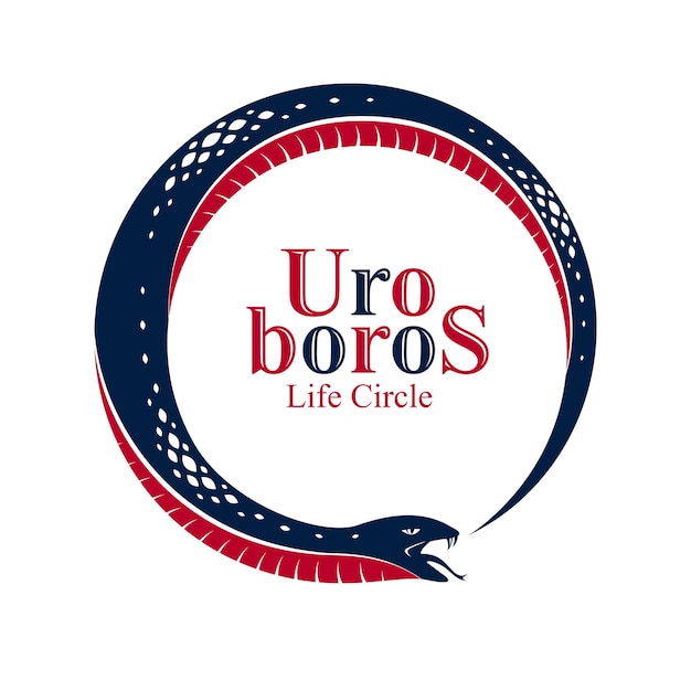 Schlange, die ihre eigene Geschichte isst, Uroboros-Schlange in Form eines Kreises, endloser Kreislauf von Leben und Tod, altes Symbol von Ouroboros, Vektorillustrationslogo, Emblem oder Tätowierung.