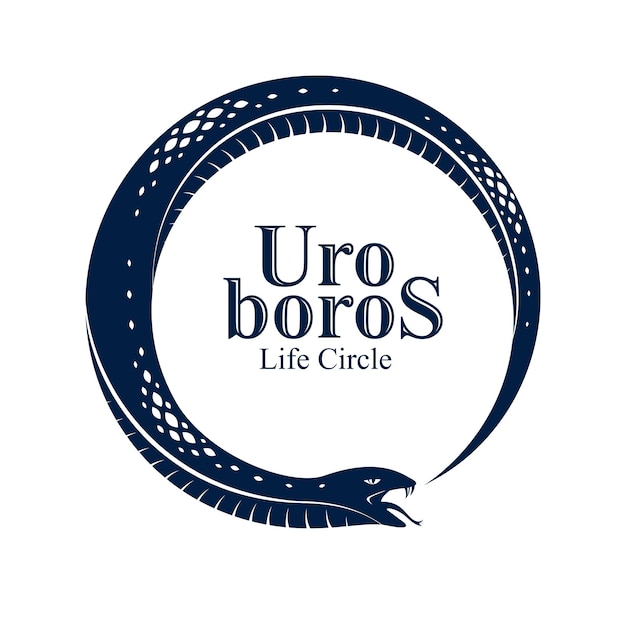 Schlange, die ihre eigene Geschichte isst, Uroboros-Schlange in Form eines Kreises, endloser Kreislauf von Leben und Tod, altes Symbol von Ouroboros, Vektorillustrationslogo, Emblem oder Tätowierung.