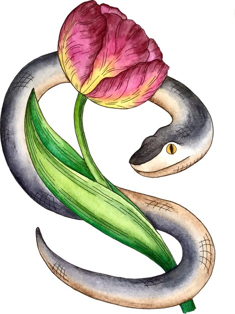 Schlange mit tulpenaquarellvektor