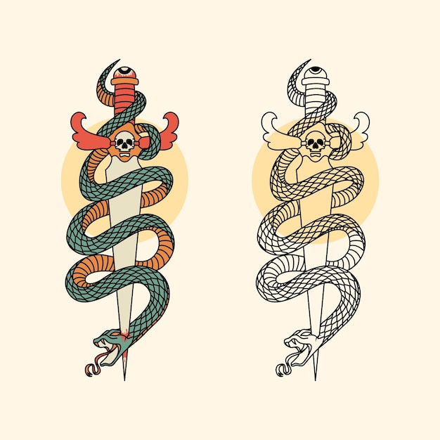 Schlange und schwert tattoo design vektorillustration PremiumVektor