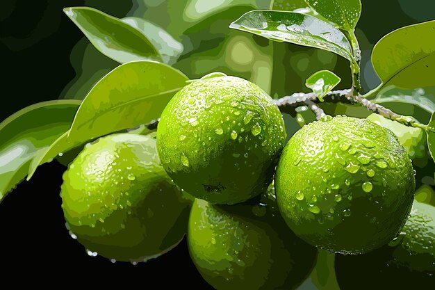 Vektor schließen sie frische grüne zitrone mit wasserdropfen auf baum und grünen verschwommenen hintergrund