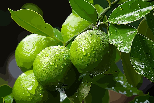 Schließen sie frische grüne zitrone mit wasserdropfen auf baum und grünen verschwommenen hintergrund