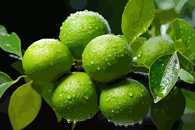 Schließen sie frische grüne zitrone mit wasserdropfen auf baum und grünen verschwommenen hintergrund