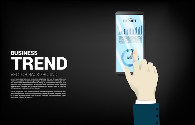 Schließen sie herauf geschäftsmannhandnoten-geschäftsdiagrammbericht im handy. konzept für digitales geschäftswachstum und trendbericht